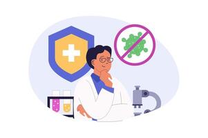 Medical concept in modern flat design for web. Man work in laboratory, making virus research with test tubes and microscope, creating medicines for pharmacy or clinic analysis. illustration. vector
