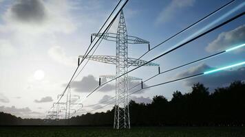 Timelapse visualization of energy travelling through industrial power tower cables over cloudy sky during day night cycle. AR data of electricity obtained from sustainable sources, 3d animation video