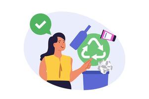 Ecology concept in modern flat design for web. Woman with eco friendly mindset collecting and separating garbage into disposal bins for recycling at factory and waste management. illustration. vector