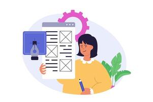 Design development concept in modern flat design for web. Woman building layout, placing content blocks in template, working with illustrator tools, creating graphics and fonts. illustration. vector