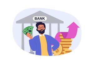Business and finance concept in modern flat design for web. Businessman getting financial investments for his startup project in bank, creating strategy with income increase. illustration. vector