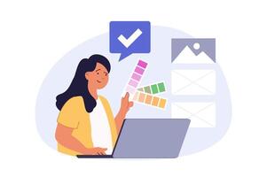 Design development concept in modern flat design for web. Woman brainstorming and selecting colour swatches in palettes, creating images, building layout and working at laptop. illustration. vector