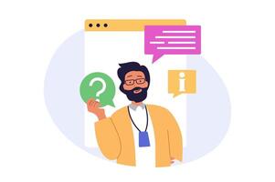Contact us concept in modern flat design for web. Man chatting online with operator of support center, getting advice and information, finding solutions for his questions in info. illustration. vector