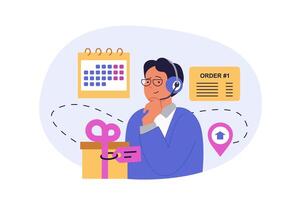 Delivery concept in modern flat design for web. Man in headset working as operator in logistic company, gets online order with gift shipping, planning date and location point. illustration. vector