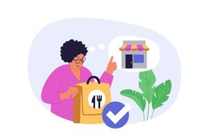 Delivery concept in modern flat design for web. Woman ordering online food or grocery products in shop, using courier fast shipping and receiving bag at client home location. illustration. vector