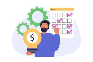 Digital business concept in modern flat design for web. Man creating content plan in calendar, analyzing and improving strategy, using marketing tools for developing company. illustration. vector