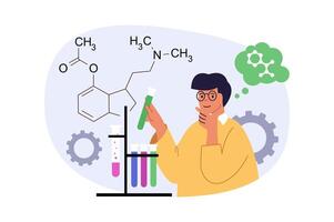 Education concept in modern flat design for web. Man making chemical research with test tubes, studying molecules and formulas, solving problems at learning course in university. illustration. vector