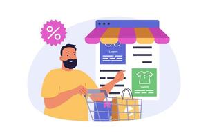 Mobile commerce concept in modern flat design for web. Man making online order in internet store with discount prices, making clothes purchases using smartphone app with payment. illustration. vector
