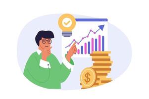 Business and finance concept in modern flat design for web. Businessman calculating financial income and analyzing graph, brainstorming investment ideas for profit development. illustration. vector