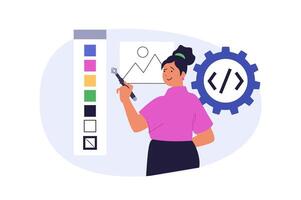 Design development concept in modern flat design for web. Woman prototyping wireframe layout, coding, selecting colour swatches, creating graphic content for homepage template. illustration. vector