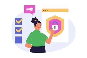 Cyber security concept in modern flat design for web. Woman using many step authentication with safety password access for protection her online account and private information. illustration. vector