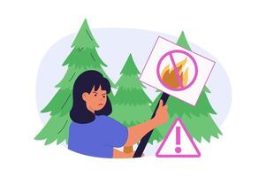 Ecology concept in modern flat design for web. Woman fights wildfires, trying save wood ecosystem with warning banner with Stop forest fire sign. Eco friendly and sustainability. illustration. vector