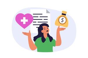 Insurance concept in modern flat design for web. Woman concludes agreement documents of healthcare policy and financial savings plan for emergency, using assurance services. illustration. vector