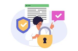 Cyber security concept in modern flat design for web. Woman using protective system with locking access, password verification and identification for personal information safety. illustration. vector