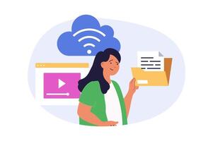 Cloud computing concept in modern flat design for web. Woman working with online processing service, downloading documents and content for storage in digital archives. illustration. vector