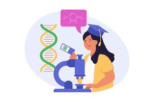 Education concept in modern flat design for web. Woman making research with microscope in lab, studying dna and other molecules, making genetic tests for getting science degree. illustration. vector