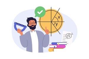 Education concept in modern flat design for web. Man with ruler working as teacher and explaining geometry lesson in class, solving math problems with students at training. illustration. vector