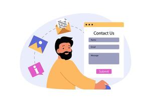 Contact us concept in modern flat design for web. Man has problem and questions, filling online form and sending email letter to support center for finding solution and help. illustration. vector