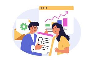 Marketing and development concept in modern flat design for web. Man and woman analyzing business data, creating promotion and advertising strategy, working in team at project. illustration. vector