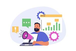 Marketing and development concept in modern flat design for web. Man with megaphone making advertising and online promotion, analyzing project statistic, makes optimization. illustration. vector