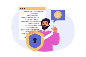 Cyber security concept in modern flat design for web. Man using protective system for his personal finance accounts with encryptions and locking access with key verification. illustration. vector