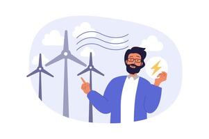 Ecology concept in modern flat design for web. Man with eco friendly lifestyle and environment mindset using clean green and renewable energy with wind turbines generator station. illustration. vector
