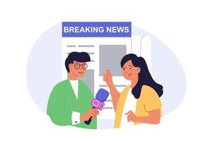 Journalism concept in modern flat design for web. Man with microphone getting live comments news from woman, preparing articles and reportage publication in newsletter press. illustration. vector