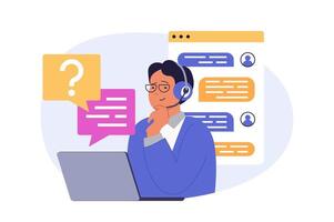 Contact us concept in modern flat design for web. Operator in headset answering in online chat for clients questions, solving problems, finding solutions, advicing for calling. illustration. vector
