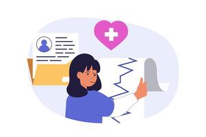 Medical concept in modern flat design for web. Woman work as cardiologist, making heart diagnosis by heartbeat test check and scan, prescribes treatment and prevention procedures. illustration. vector