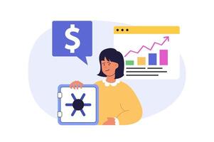Business concept in modern flat design for web. Businesswoman analyzing financial chart, saving budget finance, finding solution, developing company strategy with investments. illustration. vector