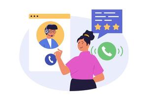 Contact us concept in modern flat design for web. Woman calling in technical support for solving her problem and leaving feedback comment with rating and user satisfaction. illustration. vector