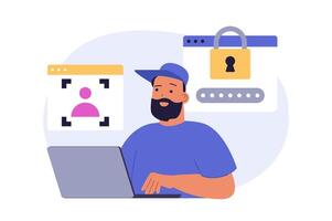 Cyber security concept in modern flat design for web. Man gets access to his online account with password and biometric verification scan, using protection software at laptop. illustration. vector