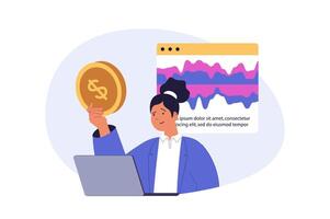 Digital business concept in modern flat design for web. Woman work as analyst, analyzing financial growth graph, attracting new customers, promoting online store, works at laptop. illustration. vector