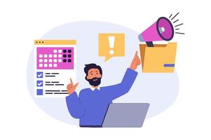 Marketing and development concept in modern flat design for web. Man with megaphone making advertising, creating content plan for online promotion, analyzing project statistic. illustration. vector