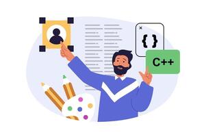Design development concept in modern flat design for web. Man creating homepage template, coding and programming, placing text and content, brainstorming and finding improvement. illustration. vector
