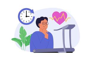 Education concept in modern flat design for web. Man exercising at treadmill in gym, training heart and doing cardio workout, running with timer for body activity and health. illustration. vector