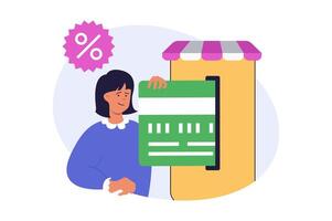 Mobile commerce concept in modern flat design for web. Woman making online purchases with credit card payment in app, getting special discounts offer and gifts for clients. illustration. vector