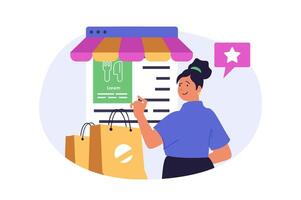 Mobile commerce concept in modern flat design for web. Woman with shopping bags making online order in internet store, making food purchases using smartphone app with payment. illustration. vector