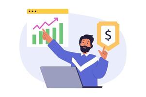 Business concept in modern flat design for web. Businessman analyzing financial chart with saving finance strategy, finding solutions, developing company and working at laptop. illustration. vector