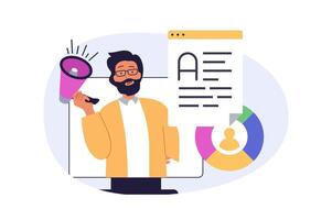 Marketing and development concept in modern flat design for web. Man with megaphone making data analysis, creating promotion strategy, advertising business project to audience. illustration. vector
