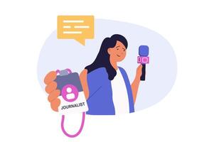 Journalism concept in modern flat design for web. Woman with microphone working as correspondent and holding journalist id card, taking comments for reportage in press media. illustration. vector