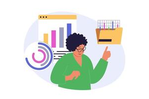 Digital business concept in modern flat design for web. Woman work as analyst and makes financial growth graph research, promoting online shopping store with success strategy. illustration. vector