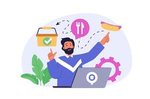 Delivery concept in modern flat design for web. Man ordering products in internet shop, collecting online basket and paying, using express shipping parcel to client address. illustration. vector