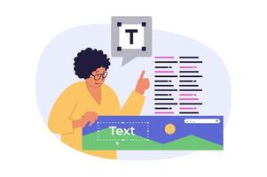 Design development concept in modern flat design for web. Woman prototyping wireframe homepage template, creating horizontal banner, placing text and content, brainstorming ideas. illustration. vector