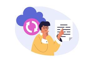 Cloud computing concept in modern flat design for web. Man using online sync service, downloading digital document files for backup with internet protection, sharing content. illustration. vector