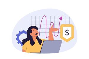 Business and finance concept in modern flat design for web. Businesswoman analyzing balance graph with company statistic, finding solutions and improvement, searching partnership. illustration. vector