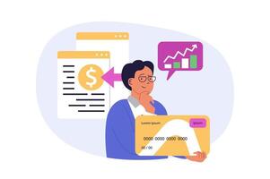 Digital business concept in modern flat design for web. Man analyzing financial growth graph, attracting new customers with credit card payments and promoting online company. illustration. vector