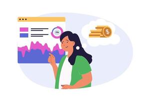 Digital business concept in modern flat design for web. Woman analyzing financial graph and sales chart, improving strategy, using marketing tools for promotion online company. illustration. vector