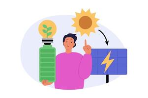 Ecology concept in modern flat design for web. Man using clean green and renewable energy with solar panels generator station and recharging battery for save nature resources. illustration. vector
