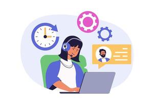 Contact us concept in modern flat design for web. Woman in headset working in technical support, answering 24 hours to clients message or question, chatting and finding solutions. illustration. vector